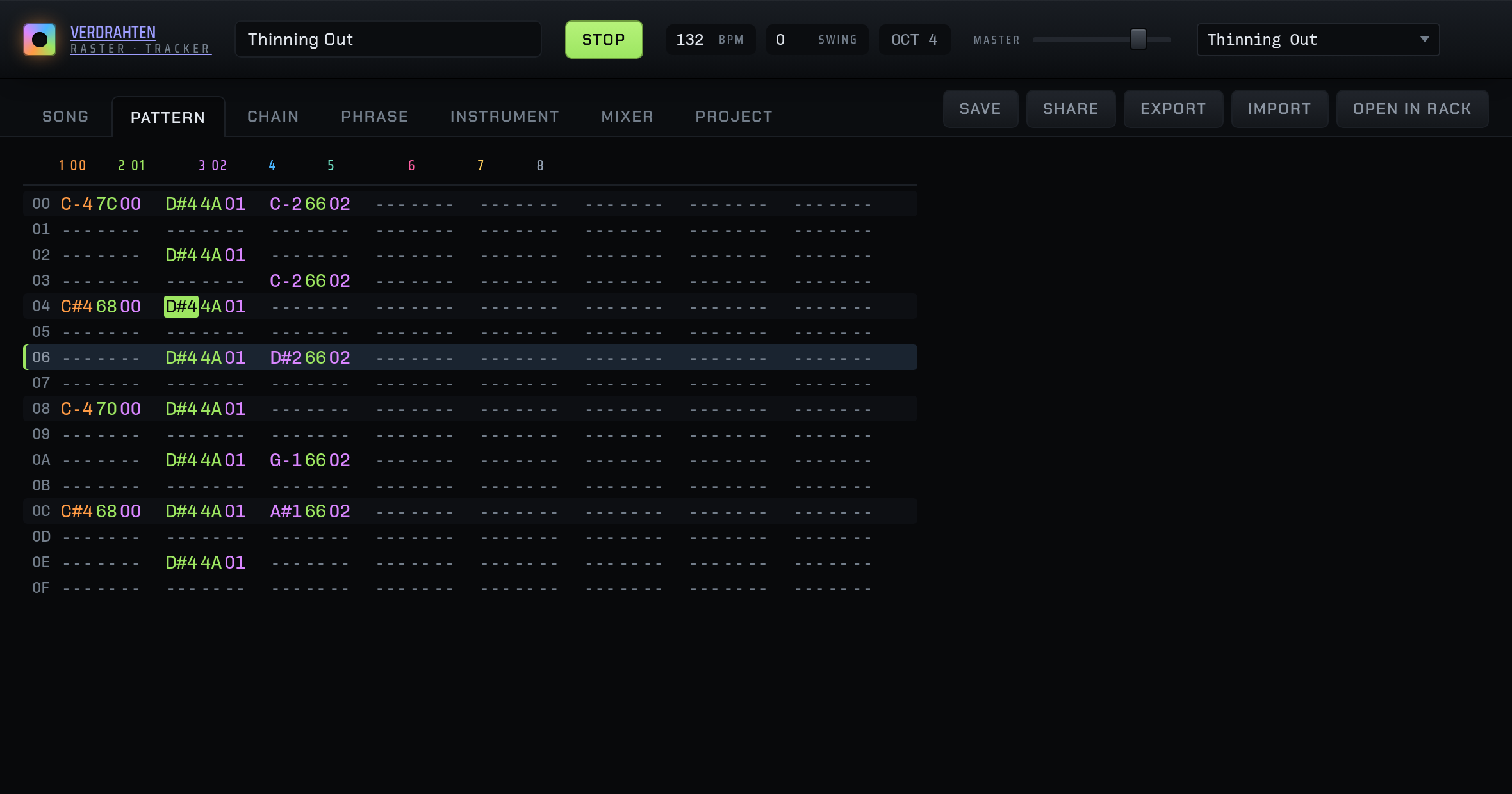 The tracker playing: the PATTERN screen with a drum track, a hat track and a bass track side by side, the playing row lit