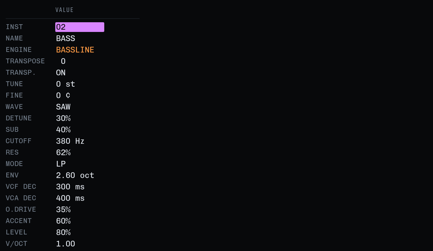 The INSTRUMENT screen: name, engine, transpose and the module's own parameters