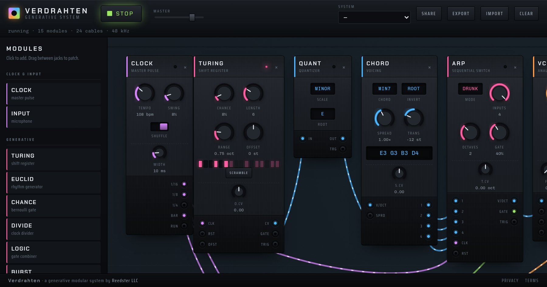 The Verdrahten rack: dark module panels with knobs and jacks, patch cables curving between a sequencer, a filter and an output module.